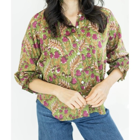 Clara The Label Blouse Size Medium NWT Green Floral Boho Cotton Blend Top - Picture 1 of 8